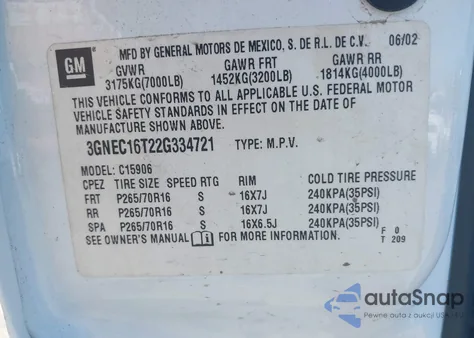 2002 Chevrolet Suburban 1500 Ls z USA, uszkodzony, nr VIN 3GNEC16T22G334721